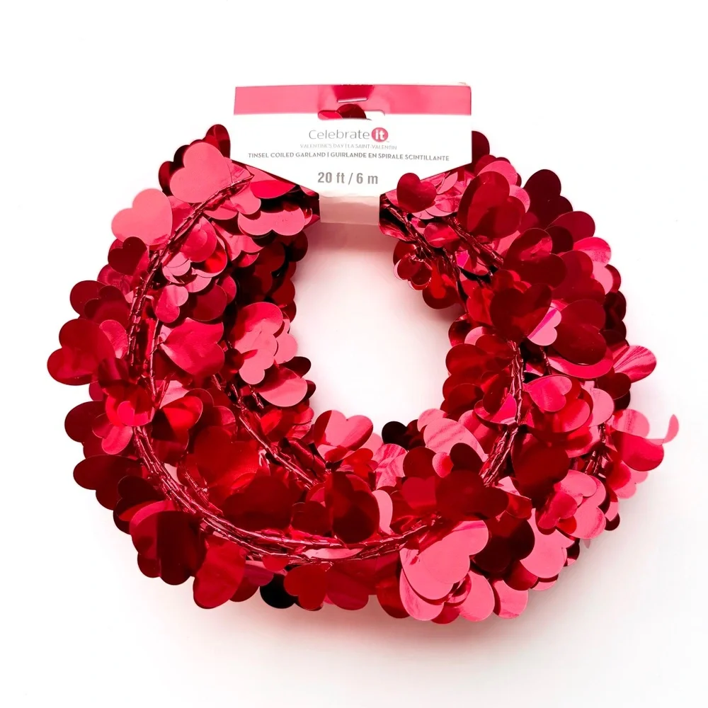 Celebrate It Red Heart Tinsel Coiled Heart Garland 20 ft Valentine’s Day Decor